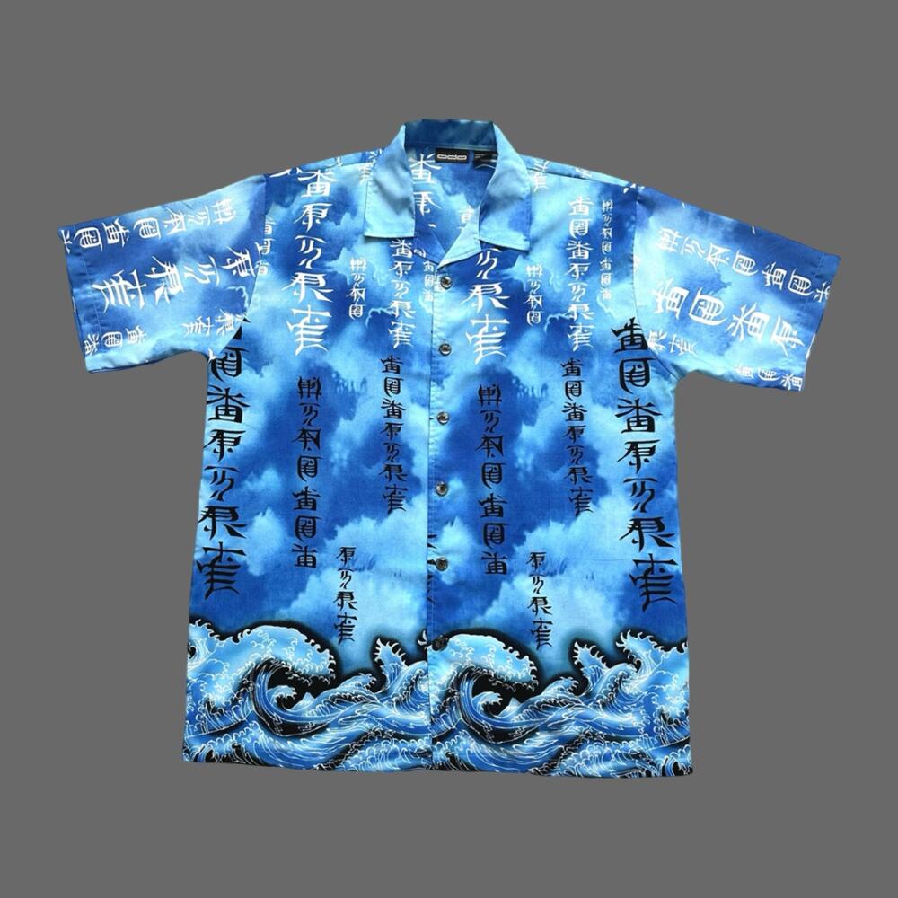 ODO Vintage Asian Waves Button Up Short Sleeve Shirt L